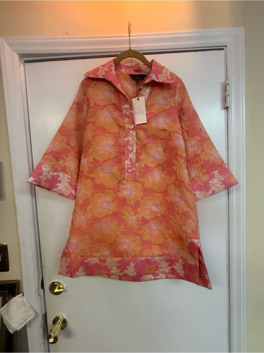 Floral Pink and Orange Collared Tunic Dress